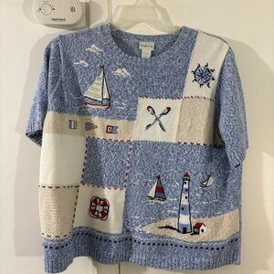 Vtg Koret Nautical Lighthouse Top Blue White Sailboat Embroidered Sz 1X Coastal